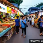 Home 19 옴니채널 소비자 행동 변화 분석 - A vibrant Thai street market scene at dusk with diverse shoppers using smartphones to scan QR codes ...