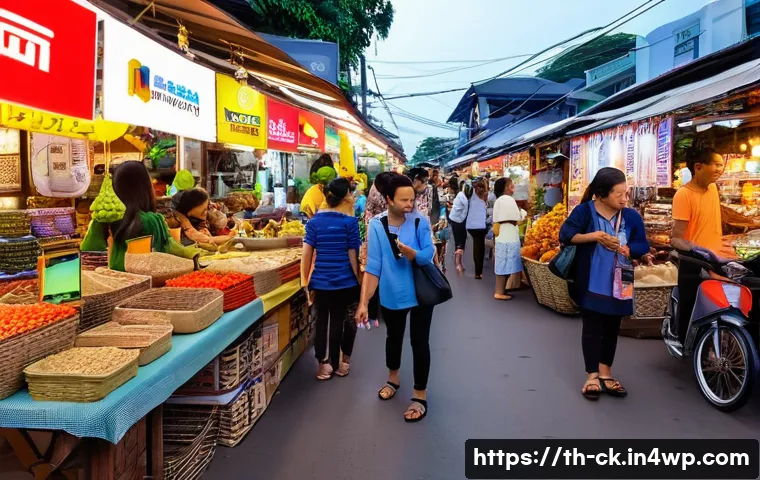 옴니채널 소비자 행동 변화 분석 - A vibrant Thai street market scene at dusk with diverse shoppers using smartphones to scan QR codes ...
