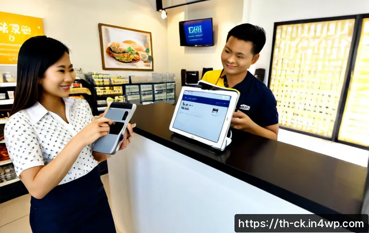 Home 29 옴니채널과 디지털 트랜스포메이션 - Photorealistic modern Thai retail shop in Bangkok, friendly shop owner using a tablet beside a neatl...